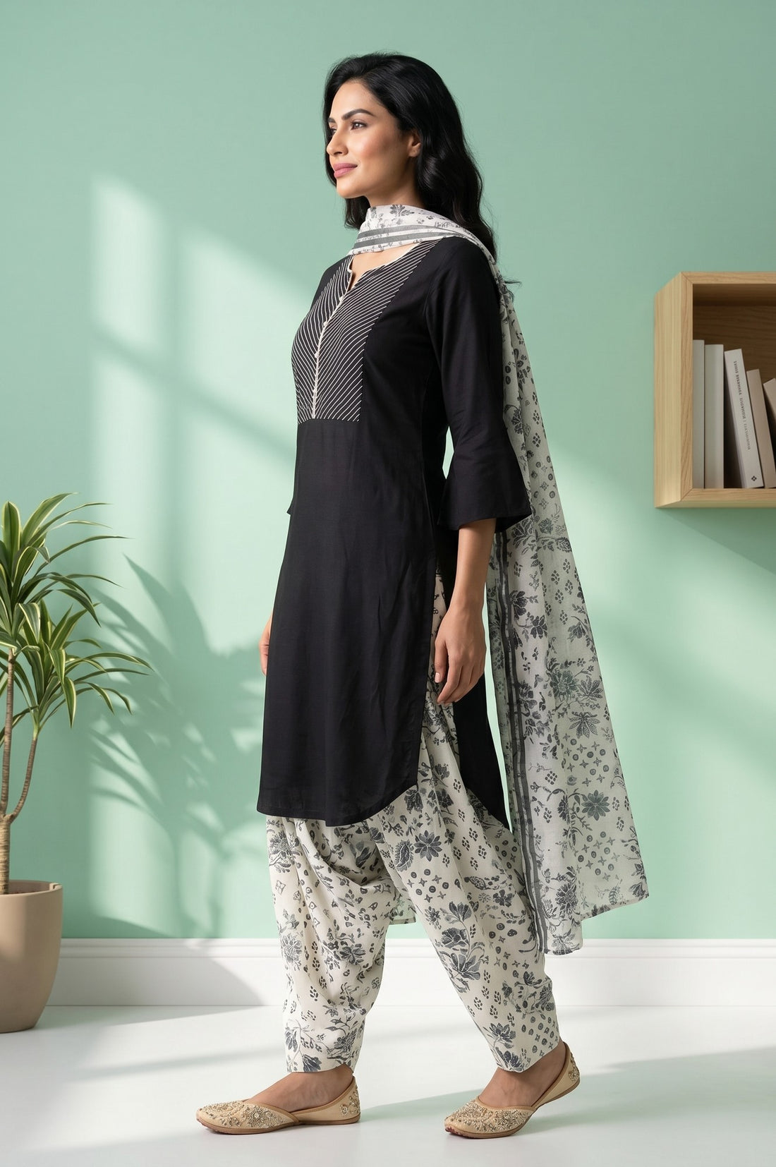 Black Solid Viscose Straight Kurta With Salwar And Stole Set