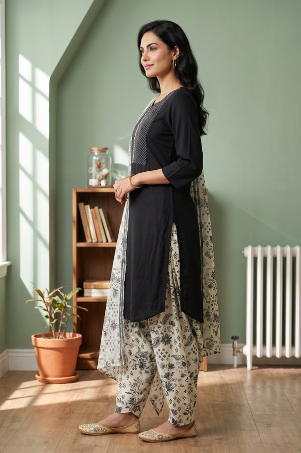 Black Solid Viscose Straight Kurta With Salwar And Stole Set