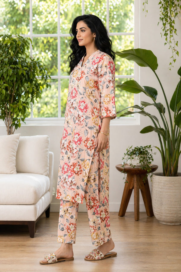 Aurelia Women's Peach Floral Printed Rayon Straight Kurta with Palazzo Set