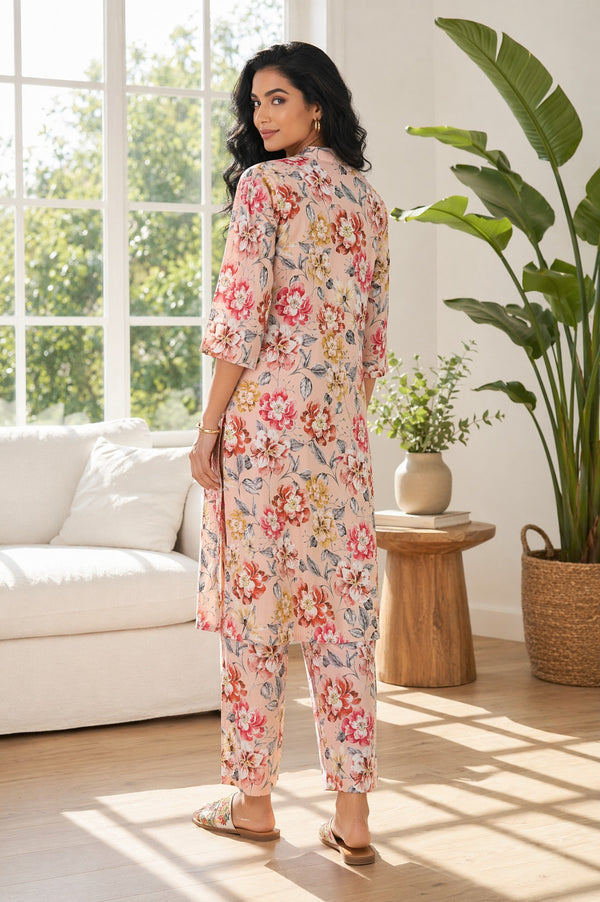 Aurelia Women's Peach Floral Printed Rayon Straight Kurta with Palazzo Set