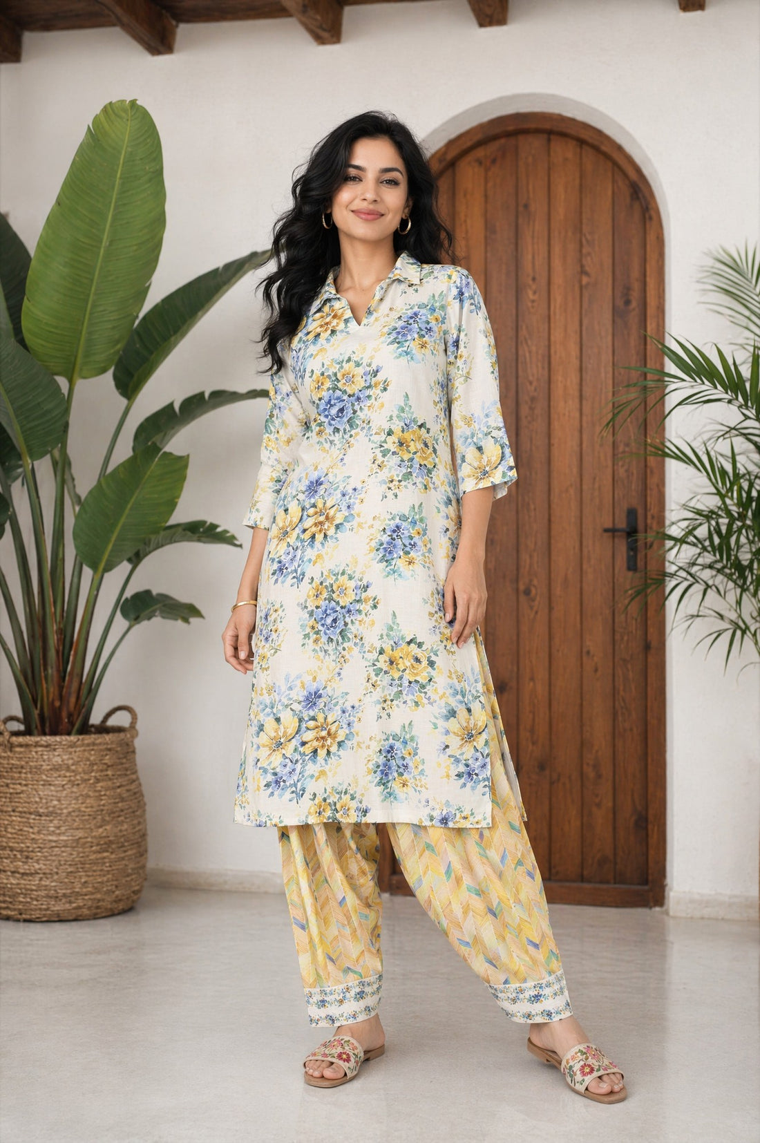 Off White Floral Printed Rayon Straight Kurta with Salwar Set