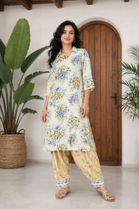 Off White Floral Printed Rayon Straight Kurta with Salwar Set