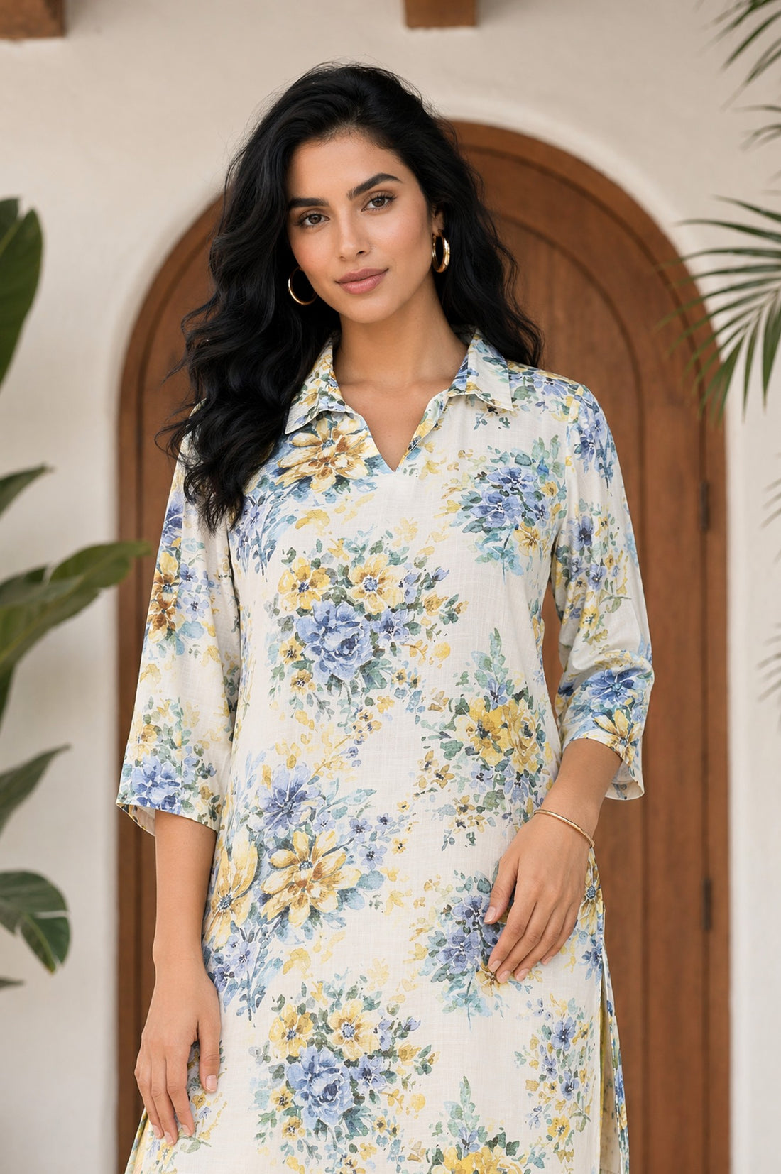 Off White Floral Printed Rayon Straight Kurta with Salwar Set