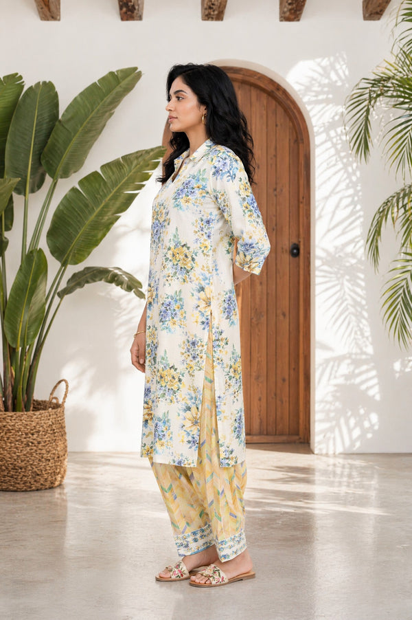 Off White Floral Printed Rayon Straight Kurta with Salwar Set
