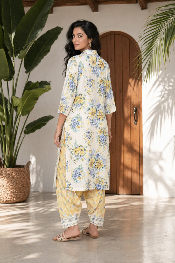 Off White Floral Printed Rayon Straight Kurta with Salwar Set