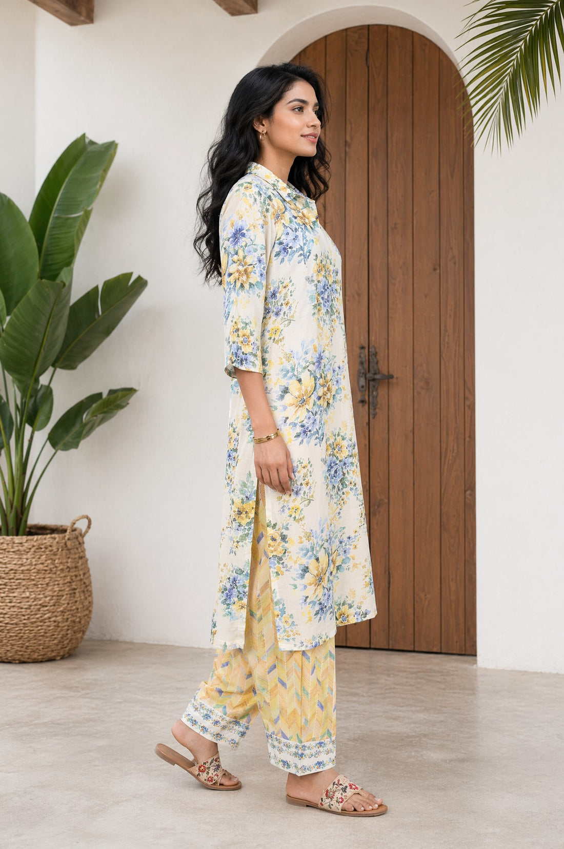 Off White Floral Printed Rayon Straight Kurta with Salwar Set