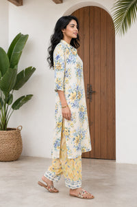Off White Floral Printed Rayon Straight Kurta with Salwar Set