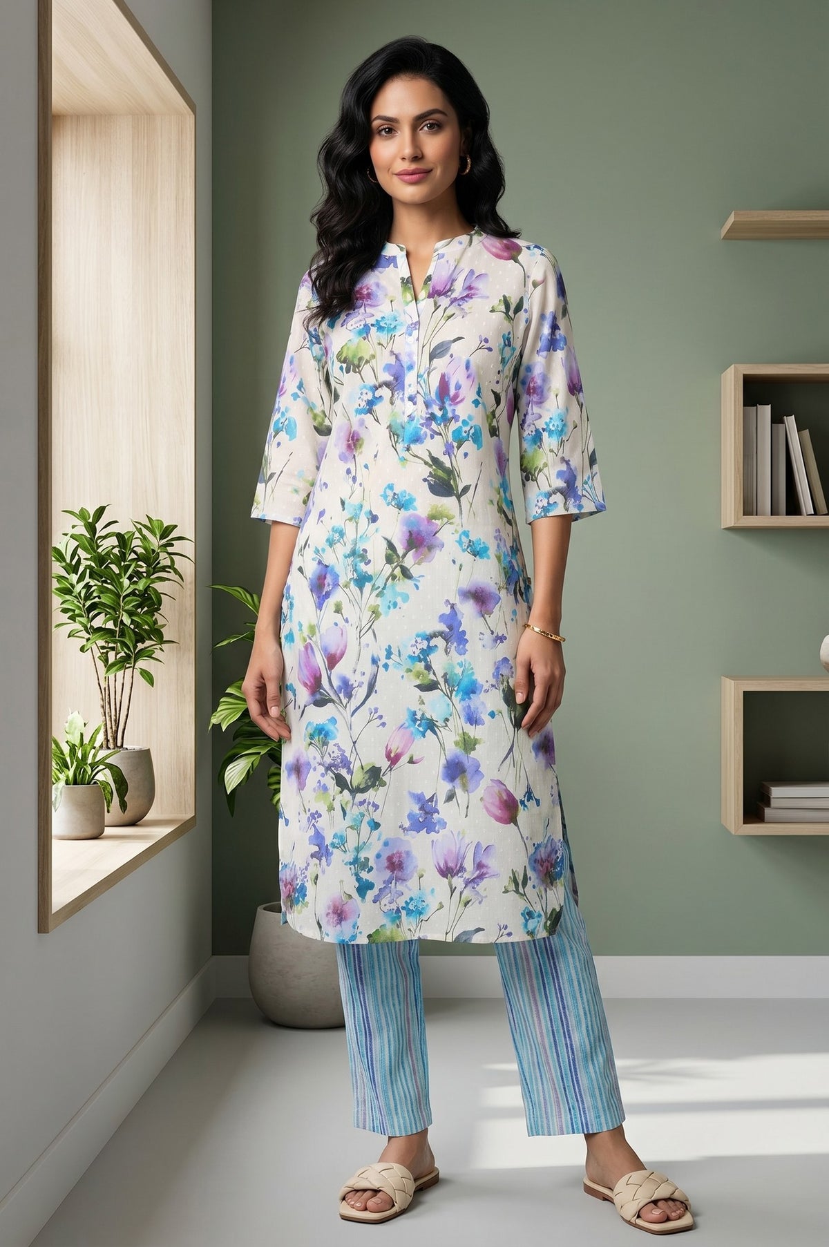 Off White Floral Printed Cotton Blend Straight Kurta With Trousers Co-ord Set - XS