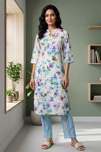 Off White Floral Printed Cotton Blend Straight Kurta With Trousers Co-ord Set