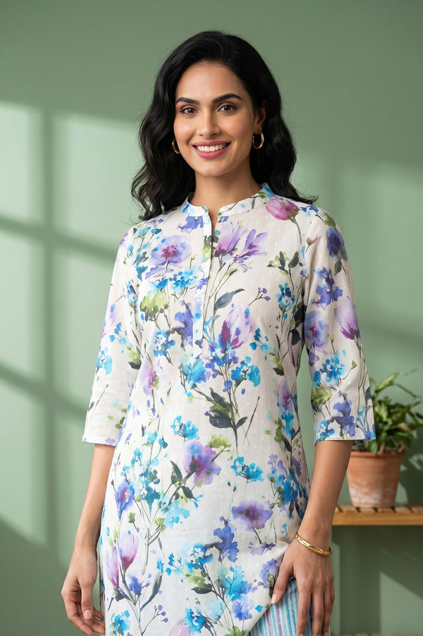 Off White Floral Printed Cotton Blend Straight Kurta With Trousers Co-ord Set