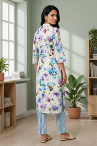 Off White Floral Printed Cotton Blend Straight Kurta With Trousers Co-ord Set