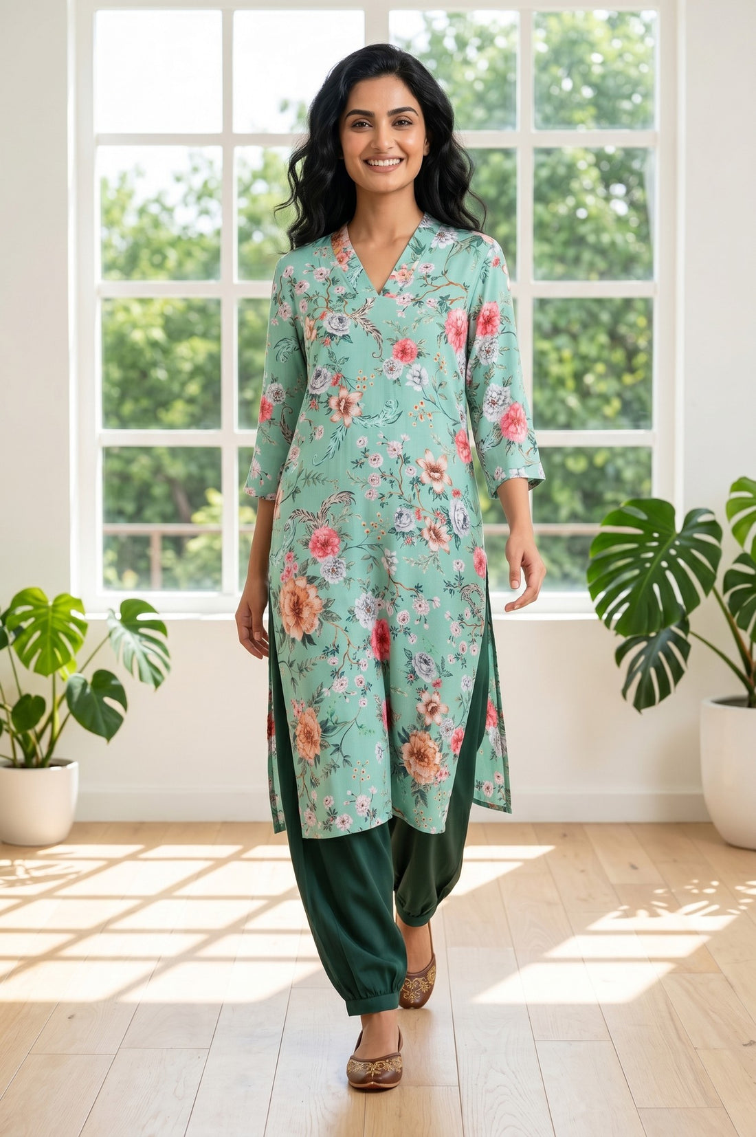 Sea Green Floral Printed Rayon Straight Kurta With Salwar Set
