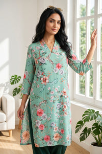 Sea Green Floral Printed Rayon Straight Kurta With Salwar Set