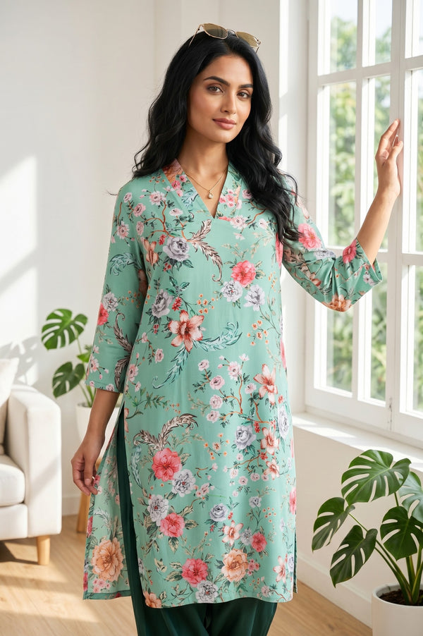 Sea Green Floral Printed Rayon Straight Kurta With Salwar Set