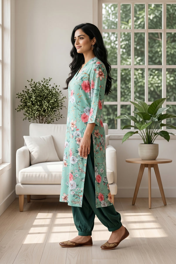 Sea Green Floral Printed Rayon Straight Kurta With Salwar Set