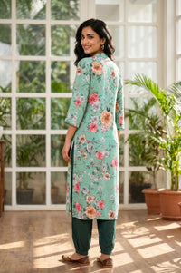 Sea Green Floral Printed Rayon Straight Kurta With Salwar Set