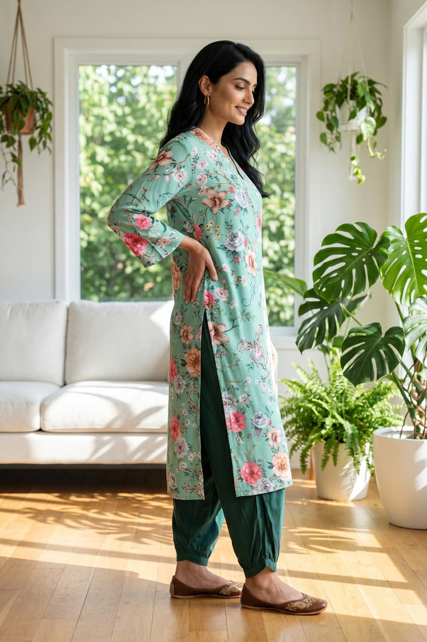 Sea Green Floral Printed Rayon Straight Kurta With Salwar Set