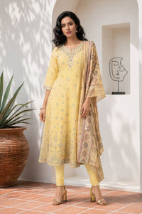 Yellow Printed Embroidered Chanderi Flared Kurta with Tights and Dupatta Set