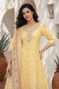 Yellow Printed Embroidered Chanderi Flared Kurta with Tights and Dupatta Set