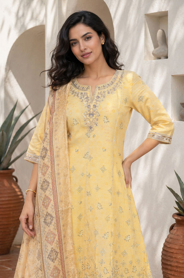 Yellow Printed Embroidered Chanderi Flared Kurta with Tights and Dupatta Set