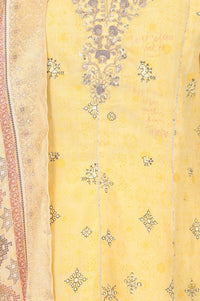 Yellow Printed Embroidered Chanderi Flared Kurta with Tights and Dupatta Set