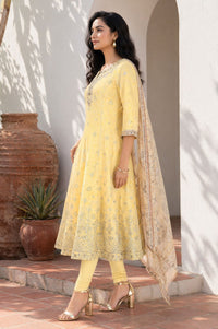 Yellow Printed Embroidered Chanderi Flared Kurta with Tights and Dupatta Set