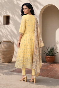 Yellow Printed Embroidered Chanderi Flared Kurta with Tights and Dupatta Set