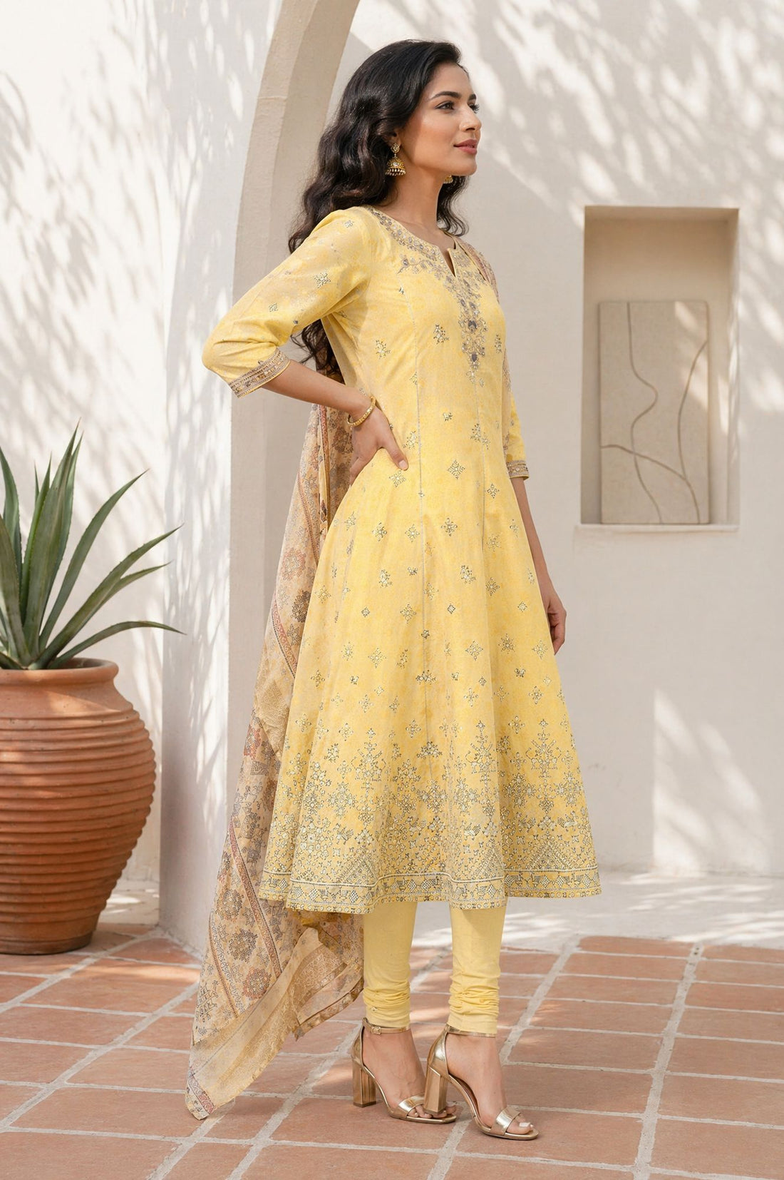 Yellow Printed Embroidered Chanderi Flared Kurta with Tights and Dupatta Set