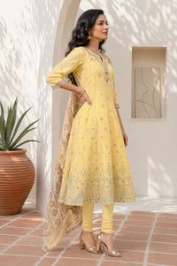 Yellow Printed Embroidered Chanderi Flared Kurta with Tights and Dupatta Set