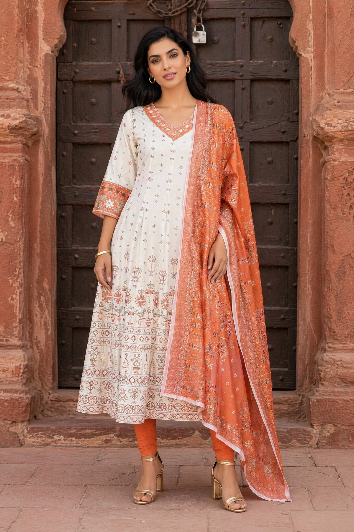 Aurelia Women's Off White Thread Embroidered A-line Kurta with Leggings and Dupatta Set - XS