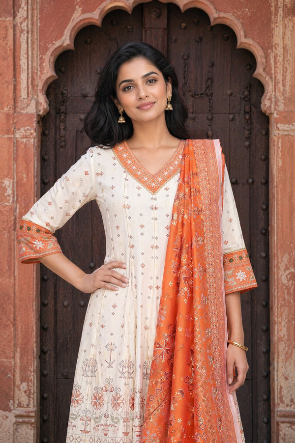 Aurelia Women's Off White Thread Embroidered A-line Kurta with Leggings and Dupatta Set