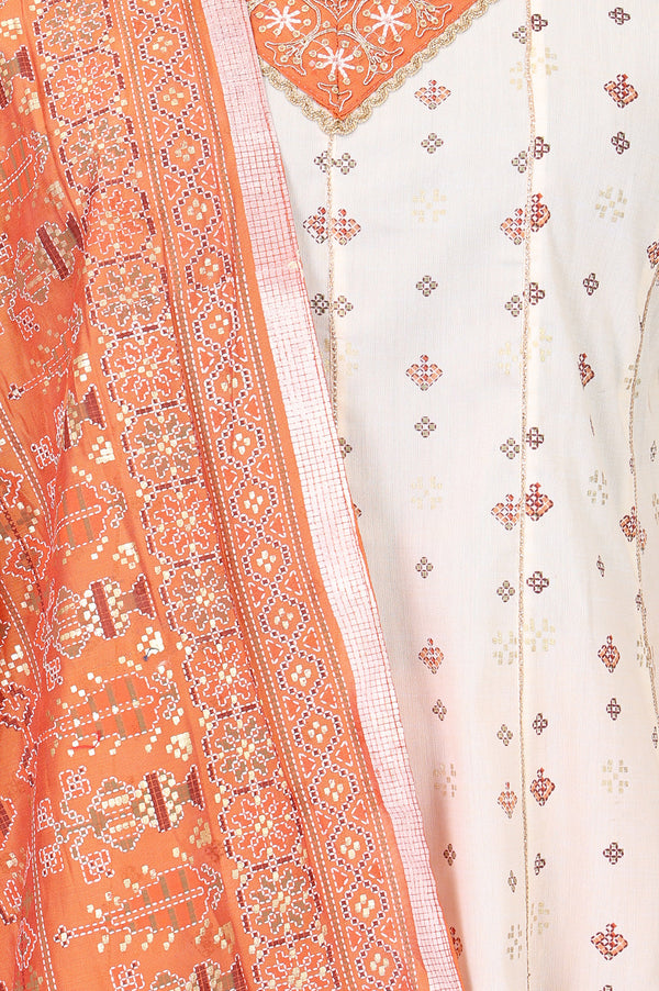 Aurelia Women's Off White Thread Embroidered A-line Kurta with Leggings and Dupatta Set