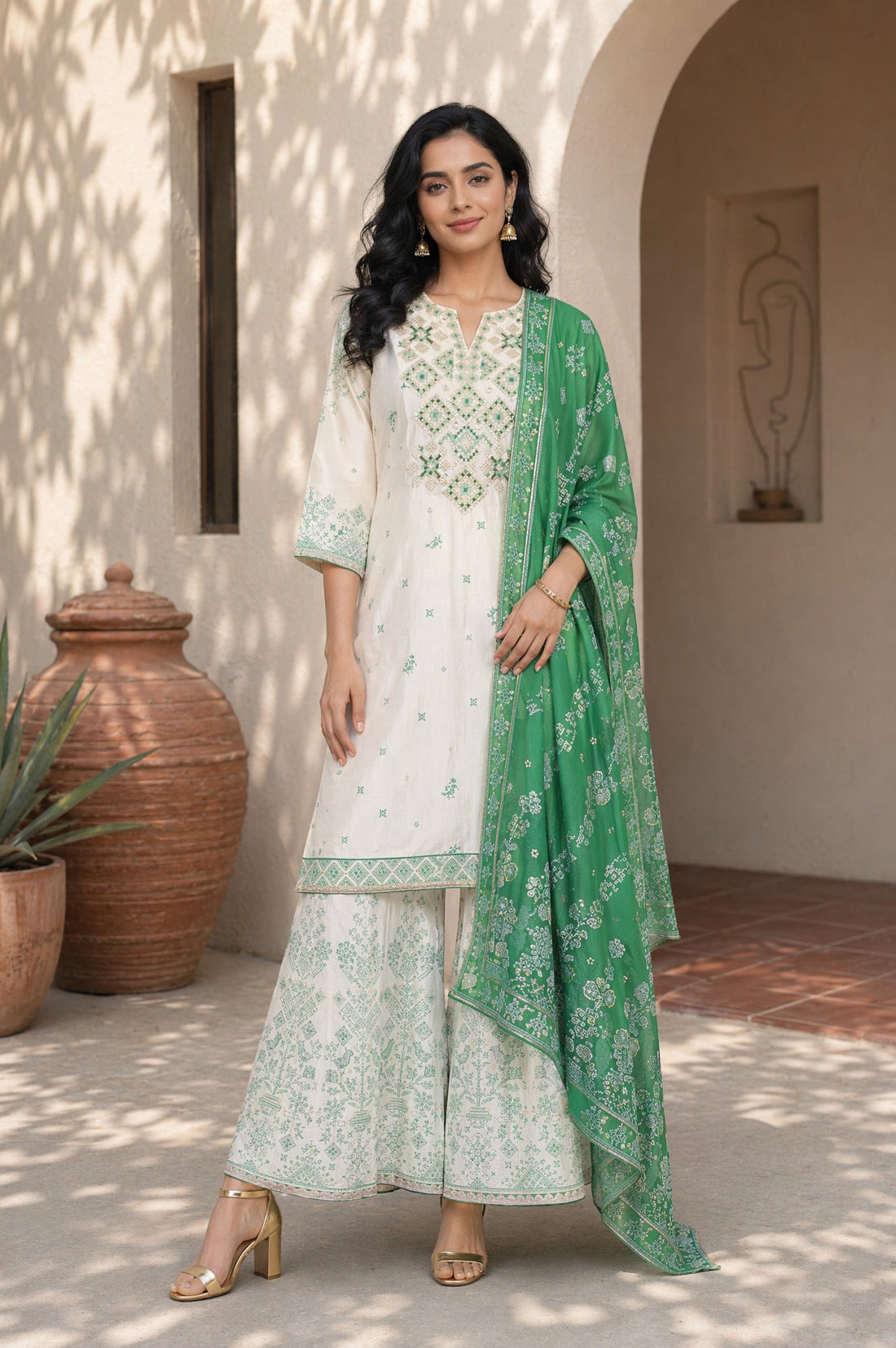 Off White Thread Embroidered Straight Kurta with Sharara and Dupatta Set