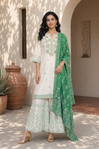 Off White Thread Embroidered Straight Kurta with Sharara and Dupatta Set