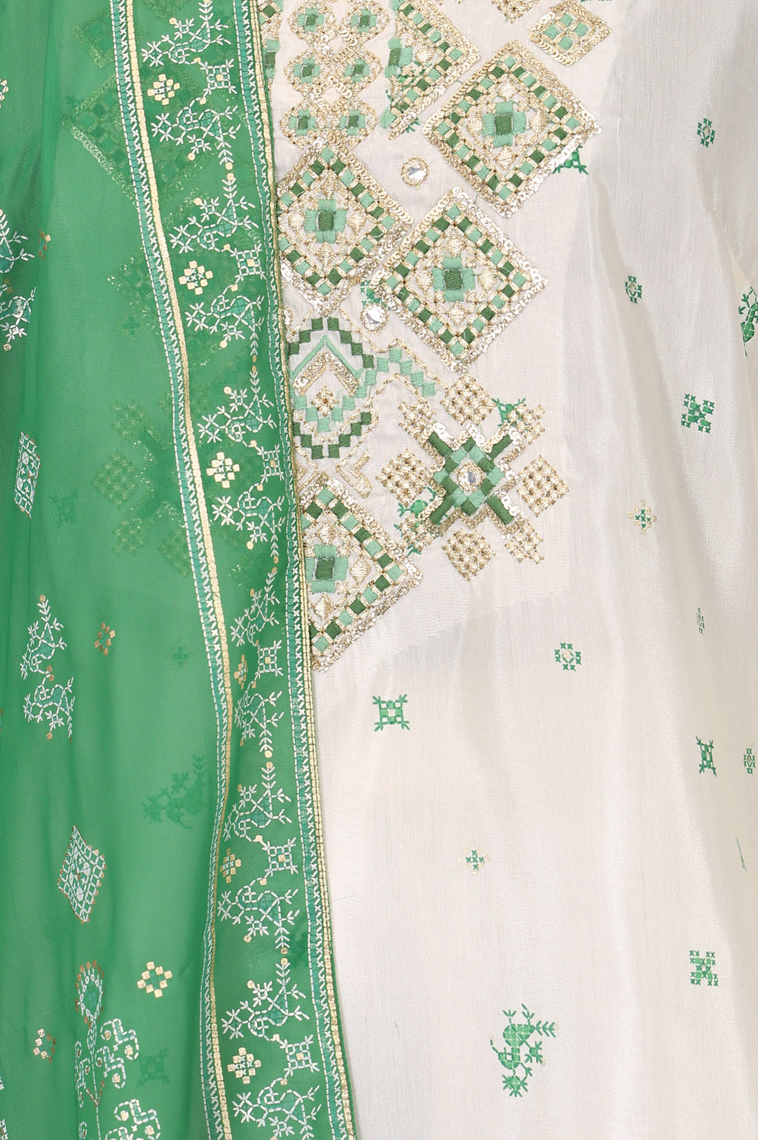 Off White Thread Embroidered Straight Kurta with Sharara and Dupatta Set