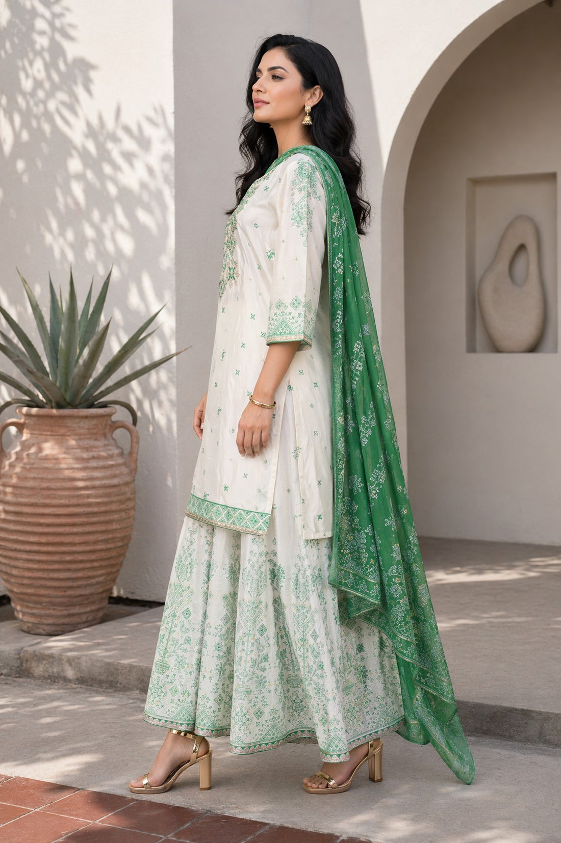 Off White Thread Embroidered Straight Kurta with Sharara and Dupatta Set