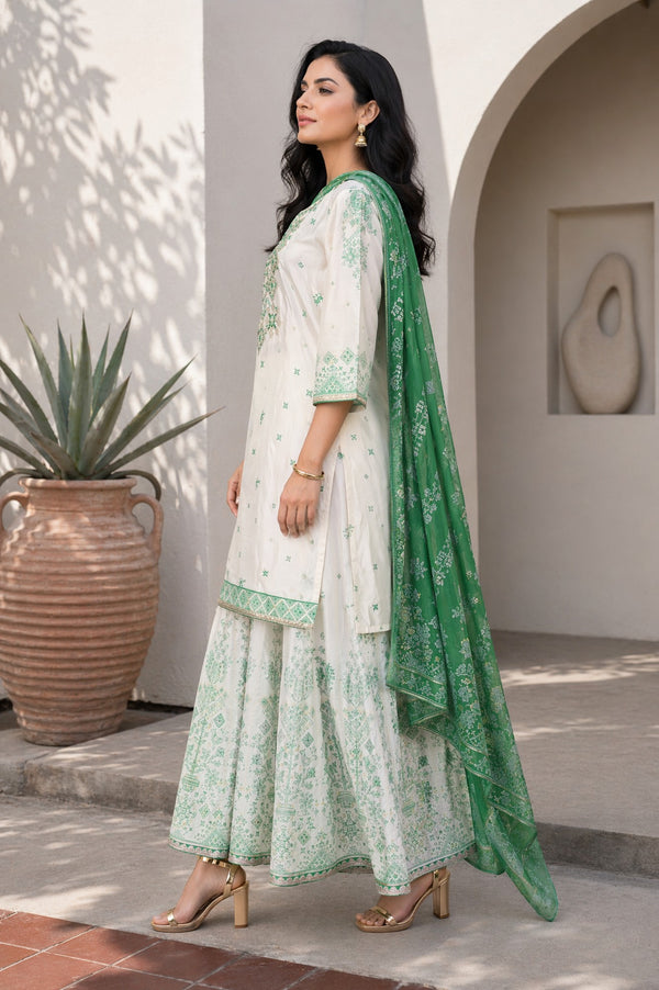 Off White Thread Embroidered Straight Kurta with Sharara and Dupatta Set
