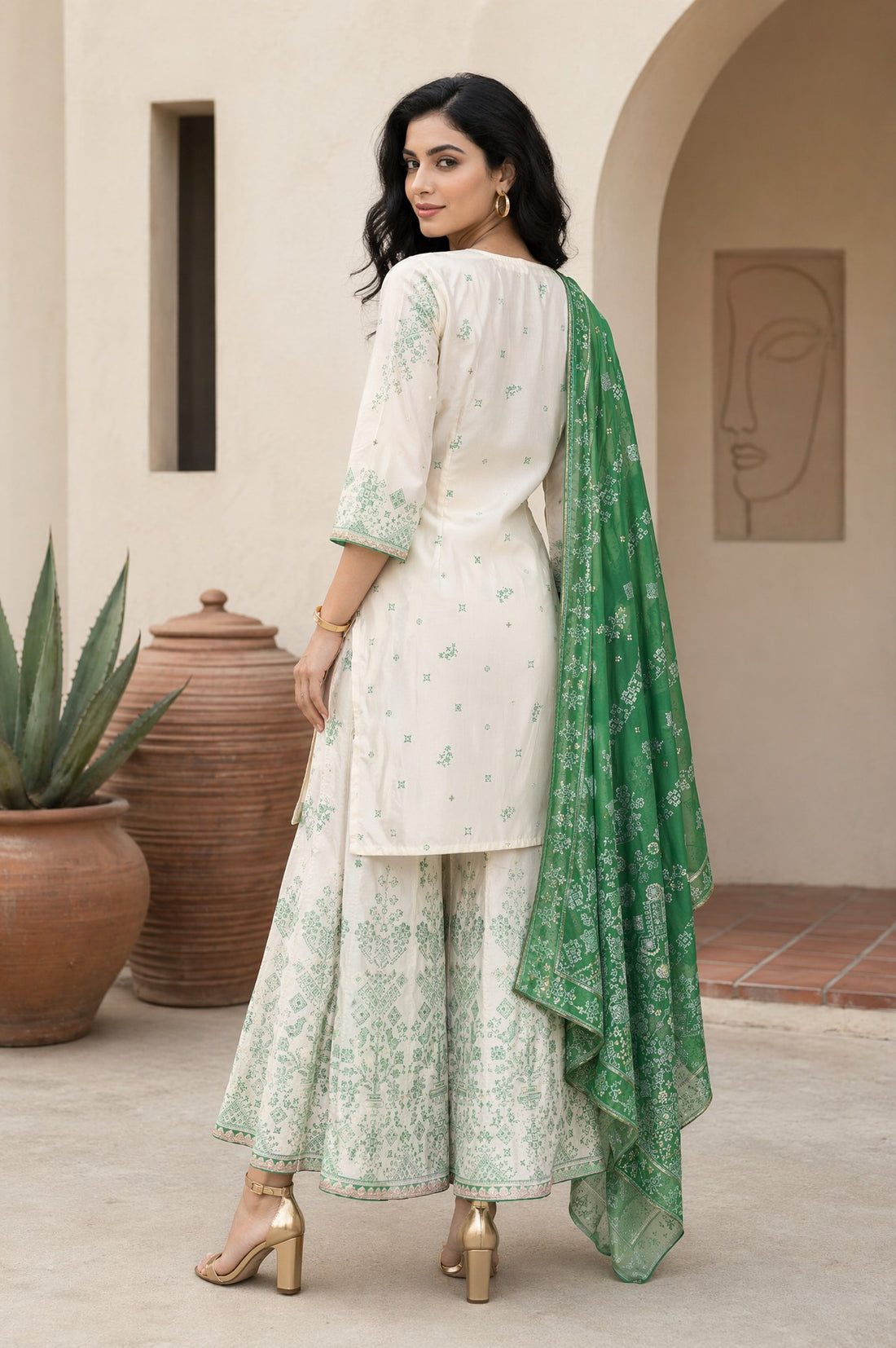 Off White Thread Embroidered Straight Kurta with Sharara and Dupatta Set