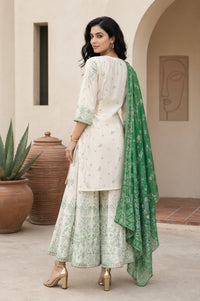 Off White Thread Embroidered Straight Kurta with Sharara and Dupatta Set