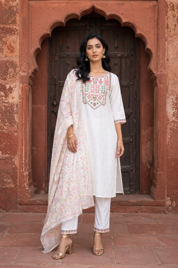 Aurelia Women's Off White Thread Embroidered Straight Kurta with Trousers and Dupatta Set