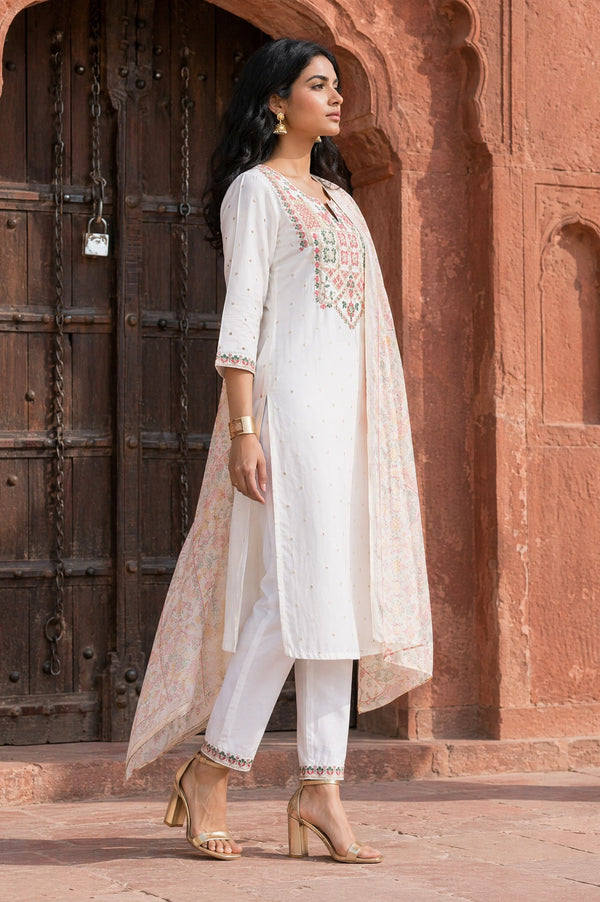 Aurelia Women's Off White Thread Embroidered Straight Kurta with Trousers and Dupatta Set