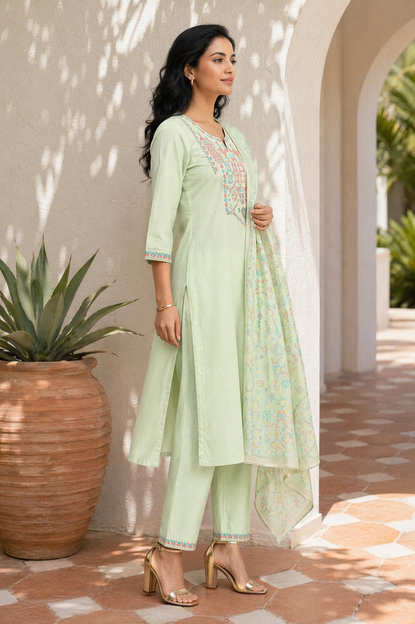 Aurelia Women's Mint Green Sequins Embroidered Straight Kurta with Trousers and Dupatta Set