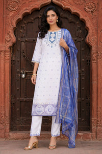 White Thread Embroidered Chanderi Straight Kurta with Trouser and Dupatta Set