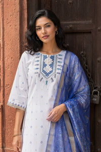 White Thread Embroidered Chanderi Straight Kurta with Trouser and Dupatta Set