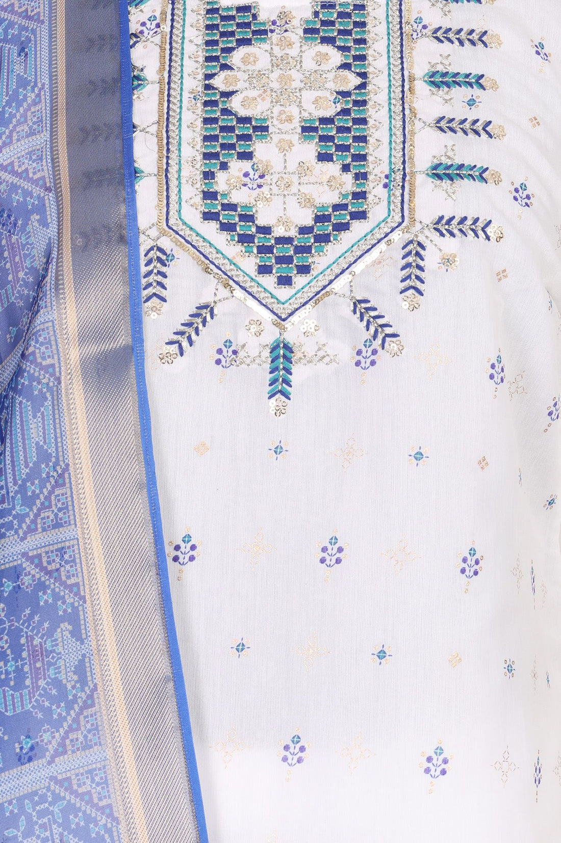 White Thread Embroidered Chanderi Straight Kurta with Trouser and Dupatta Set
