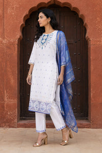 White Thread Embroidered Chanderi Straight Kurta with Trouser and Dupatta Set