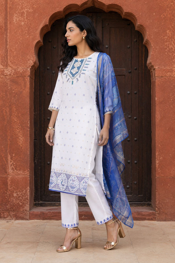 White Thread Embroidered Chanderi Straight Kurta with Trouser and Dupatta Set