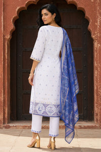 White Thread Embroidered Chanderi Straight Kurta with Trouser and Dupatta Set