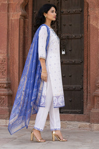 White Thread Embroidered Chanderi Straight Kurta with Trouser and Dupatta Set