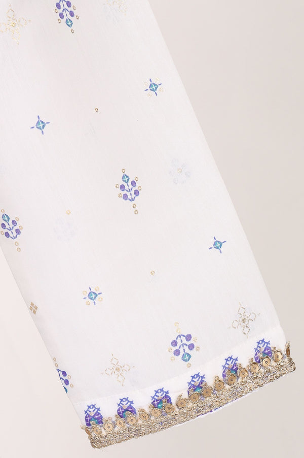 White Thread Embroidered Chanderi Straight Kurta with Trouser and Dupatta Set